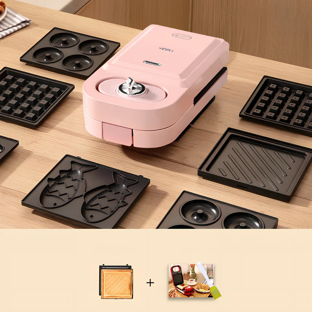 Retro breakfast machine with multiple cooking plates and temperature control dial