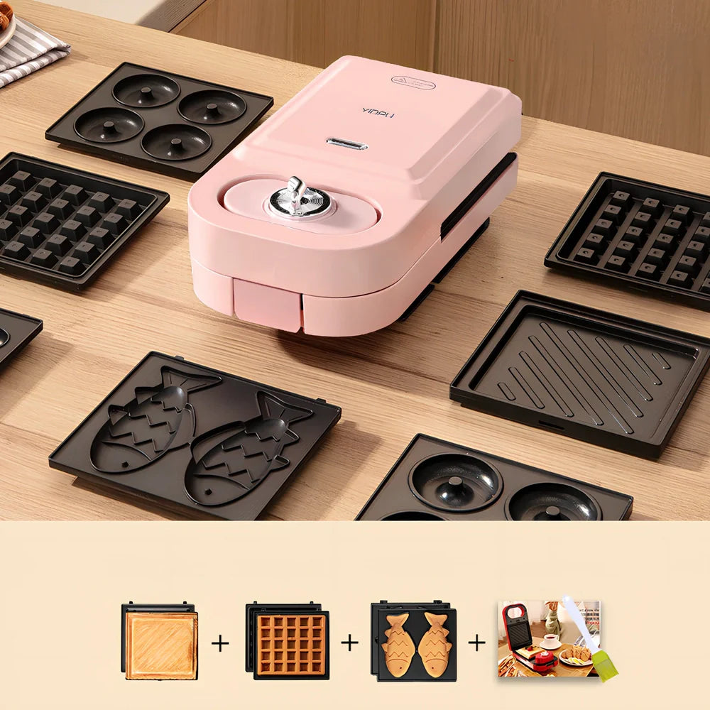 Retro breakfast machine with multiple cooking plates and temperature control dial