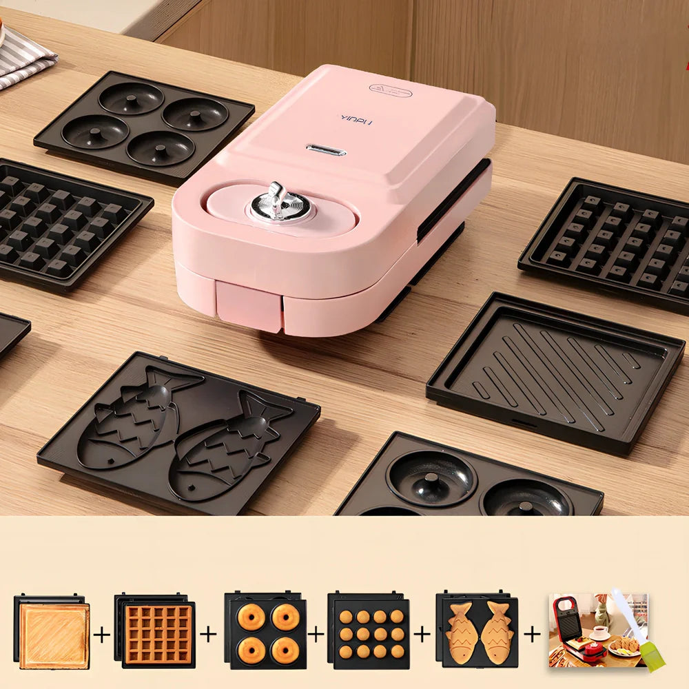 Retro breakfast machine with multiple cooking plates and temperature control dial