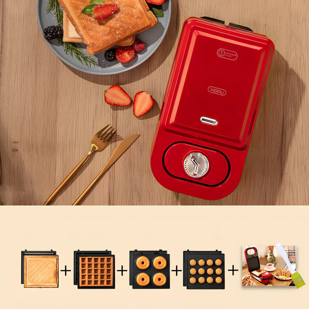 Retro breakfast machine with multiple cooking plates and temperature control dial