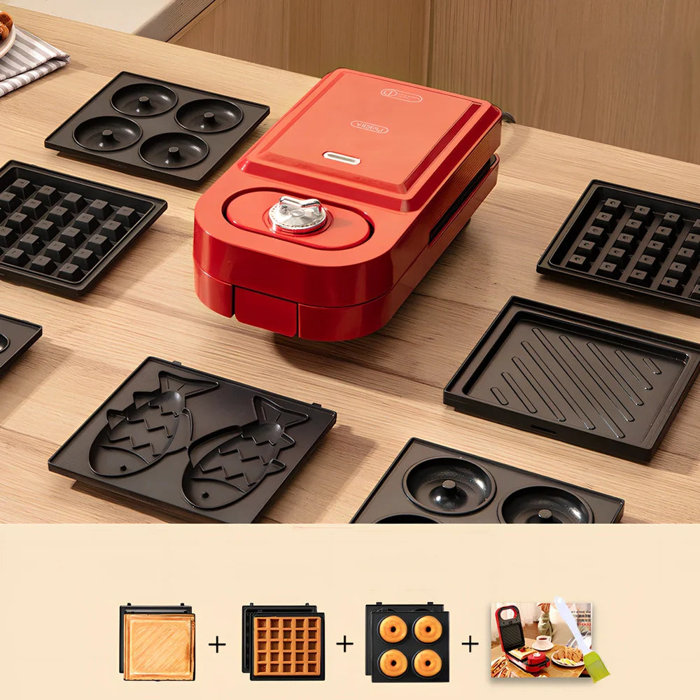 Retro breakfast machine with multiple cooking plates and temperature control dial