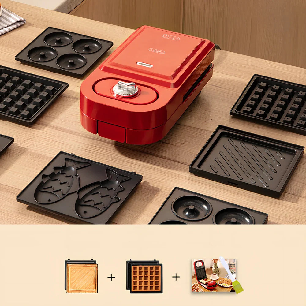 Retro breakfast machine with multiple cooking plates and temperature control dial