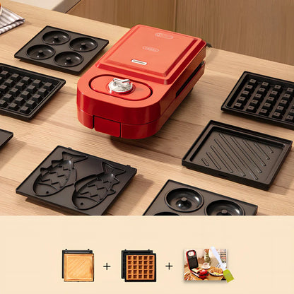 Retro breakfast machine with multiple cooking plates and temperature control dial