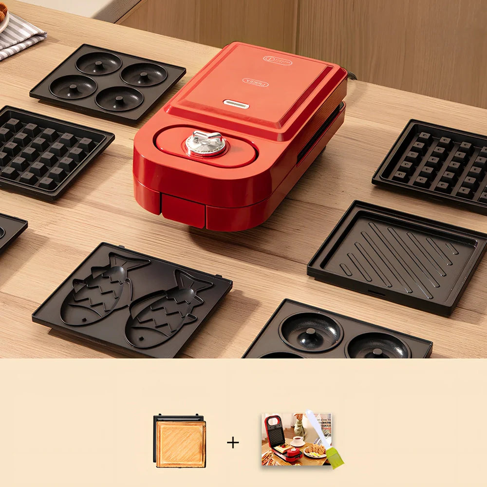 Retro breakfast machine with multiple cooking plates and temperature control dial