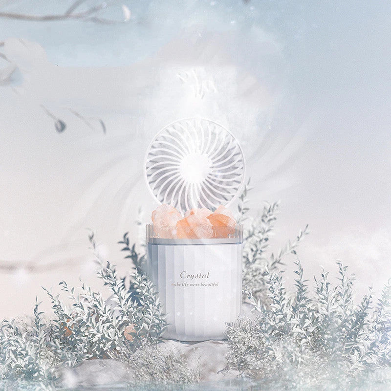 Ultrasonic aroma diffuser with adjustable fan, warm lights, and essential oil diffusion capabilities