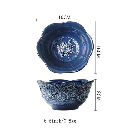 Baroque ceramic bowl with raised petal pattern, porcelain construction, round shape measuring 15-20cm diameter