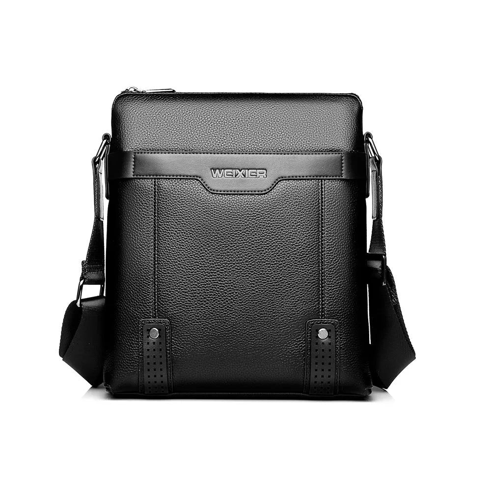 Men's black PU leather shoulder bag with zipper opening, measuring 28x25x6cm