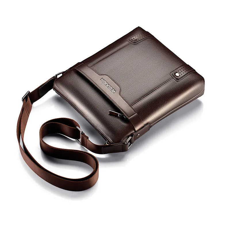 Men's black PU leather shoulder bag with zipper opening, measuring 28x25x6cm