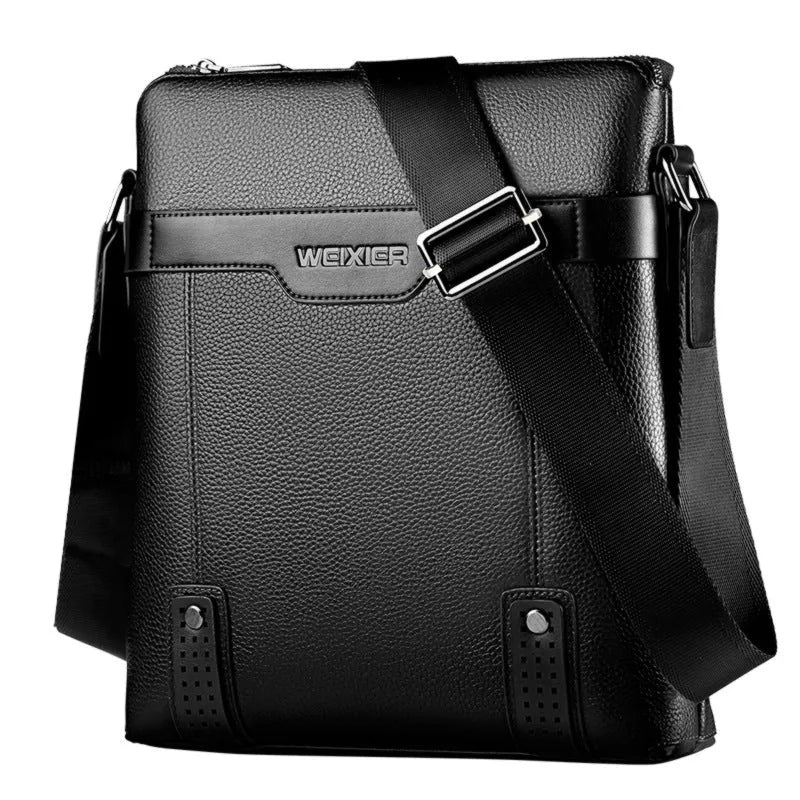 Men's black PU leather shoulder bag with zipper opening, measuring 28x25x6cm