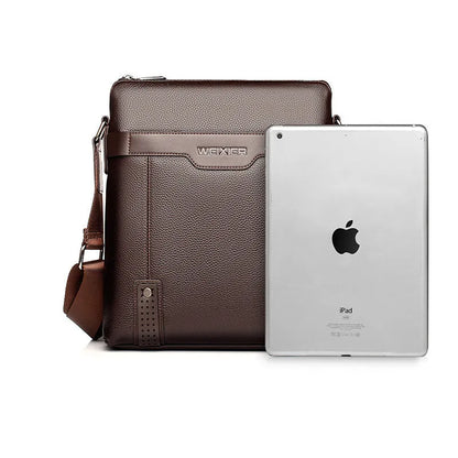 Men's black PU leather shoulder bag with zipper opening, measuring 28x25x6cm