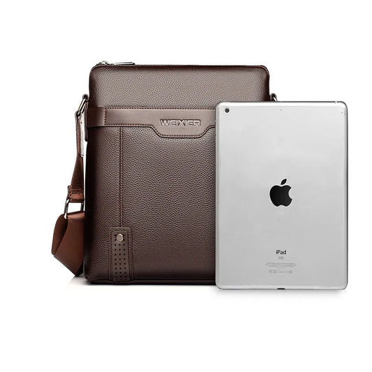 Men's black PU leather shoulder bag with zipper opening, measuring 28x25x6cm