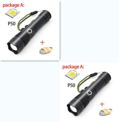 High-Powered Tactical Flashlight with Zoom and USB Charging - Durable, Waterproof, and Rechargeable LED Flashlight