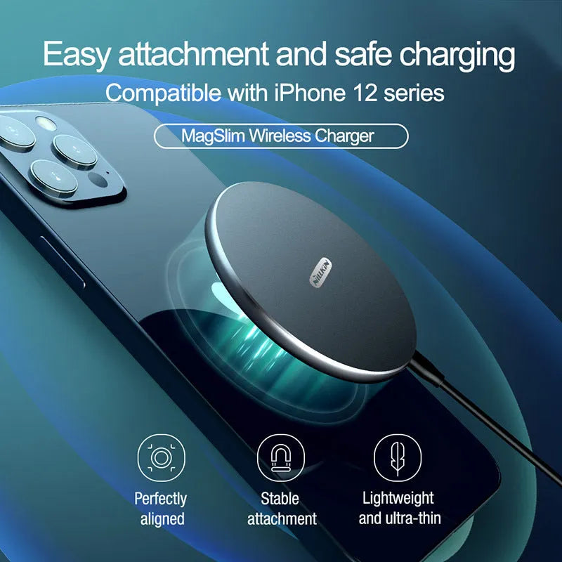 Mobile phone magnetic wireless charger, MagSlim Qi charging pad with 10W max output, compatible with MagSafe for iPhone 15 Pro Max, iPhone 14, iPhone 13, and Samsung Galaxy models, featuring slim profile and precise magnetic alignment, colour black.