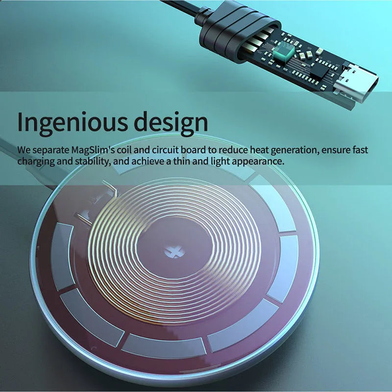 Black MagSlim magnetic wireless charging pad for phones on a table.