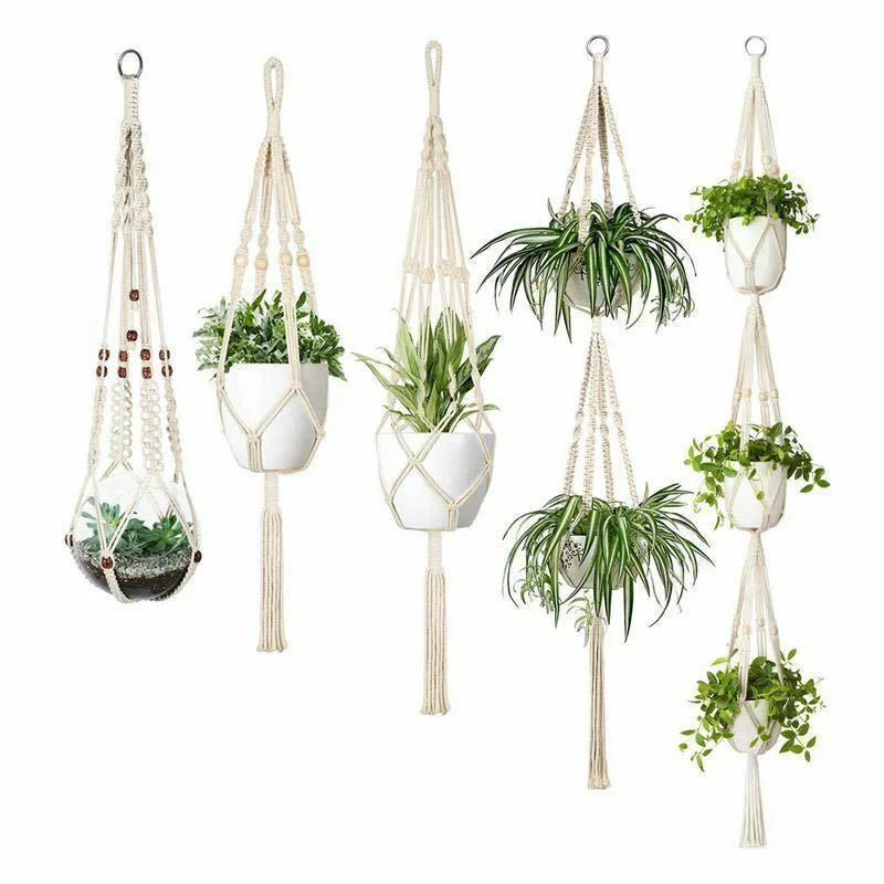 Set of four hand-made macrame hanging baskets for plants, made from 100% cotton rope.
