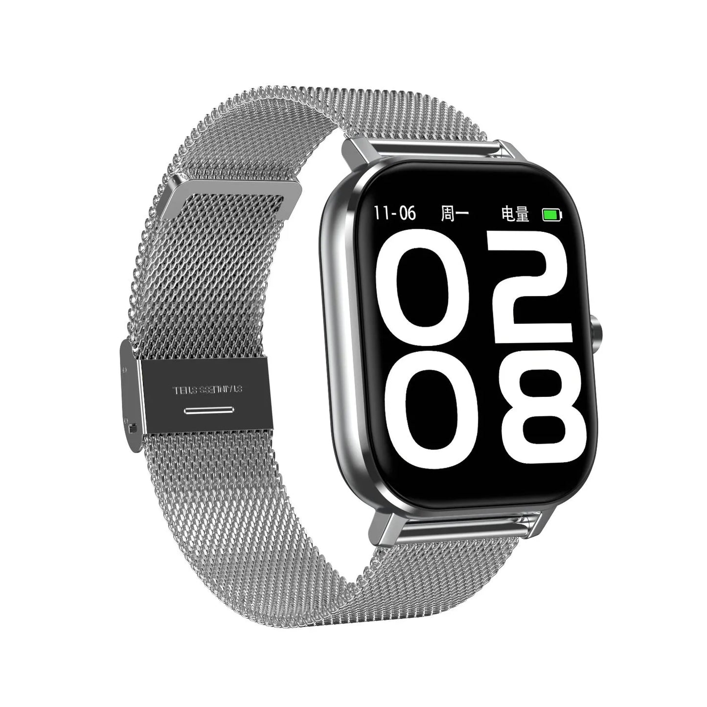 Smart health tracker bracelet with ECG monitoring on wrist, showing 1.54-inch screen with silicone and mesh steel strap options