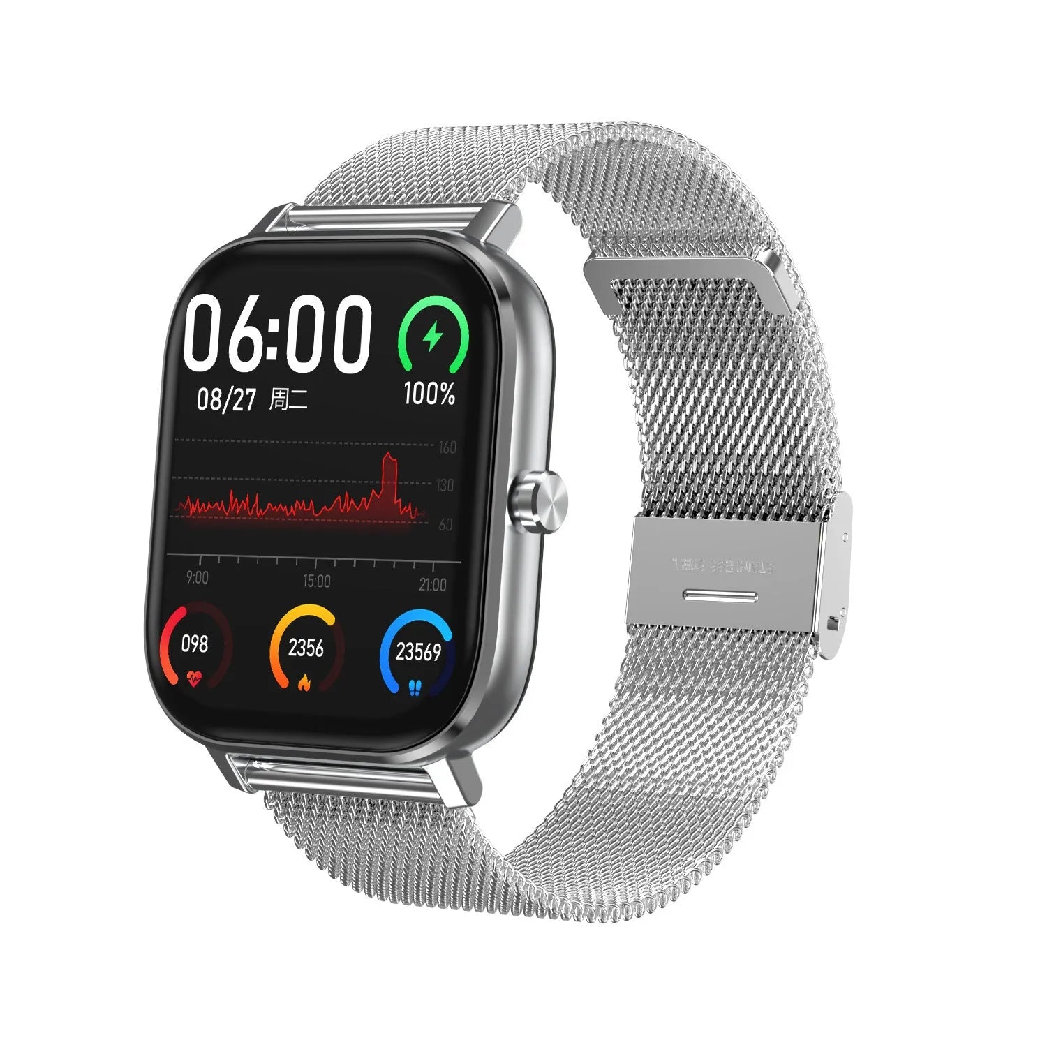 Smart health tracker bracelet with ECG monitoring on wrist, showing 1.54-inch screen with silicone and mesh steel strap options