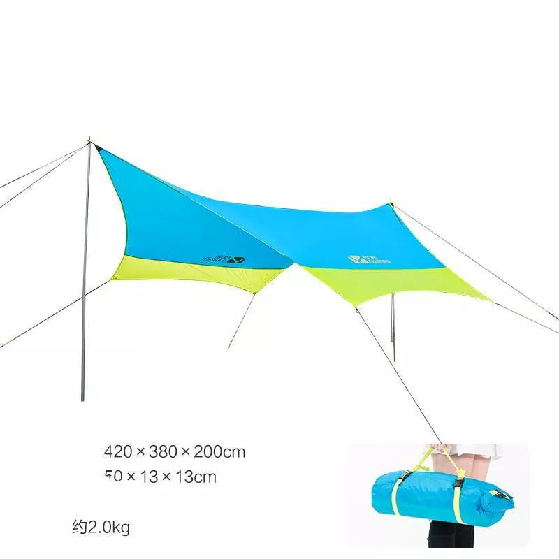 MU Gaodi Canopy Tent in olive green, ivory, or sky blue, offering rainproof and sun protection for outdoor camping