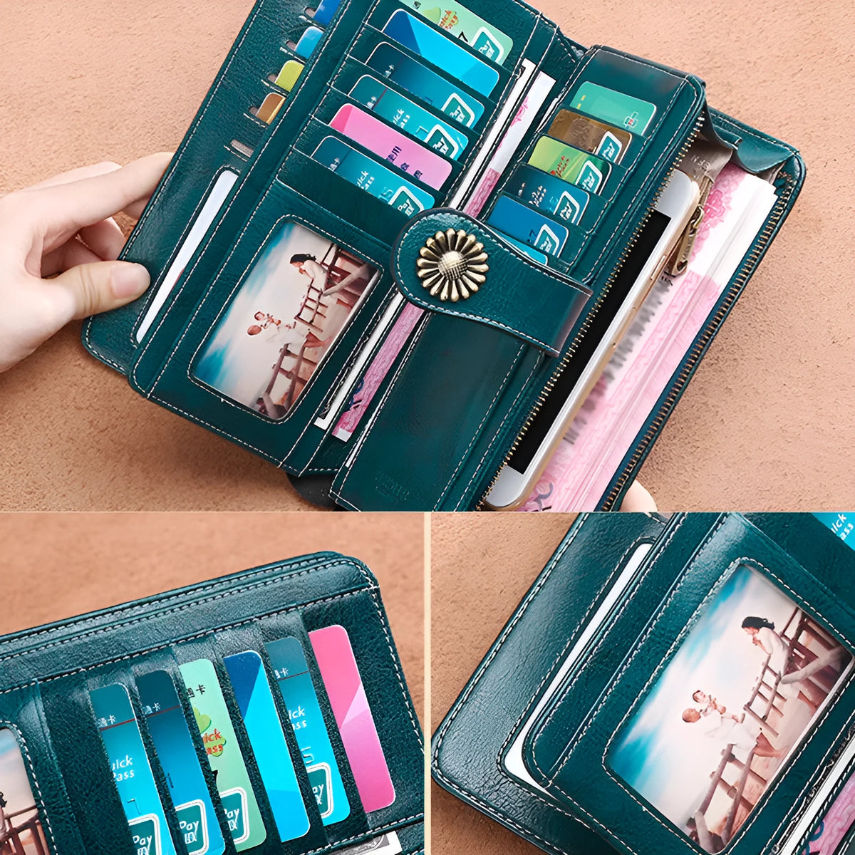 Women's long zipper clutch wallet in bovine split leather with polyester lining, vertical square shape, available in Black, Green, Red, and Yellow.