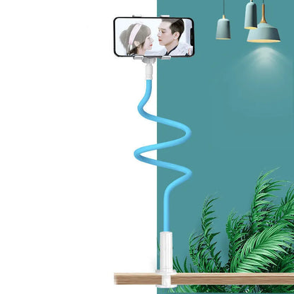 Universal mobile phone and tablet holder with flexible memory alloy hose in blue colour