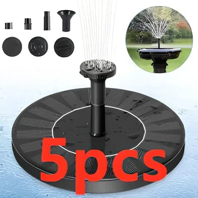 Black solar fountain with water spray in garden pond showing 55cm height and four nozzle options
