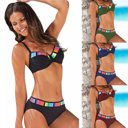 Women's gradient split bikini with steel support in green, black, royal blue, and wine red