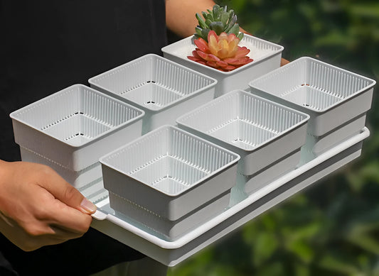 Meishi black and white resin flower pot set with tray and basins for succulents.
