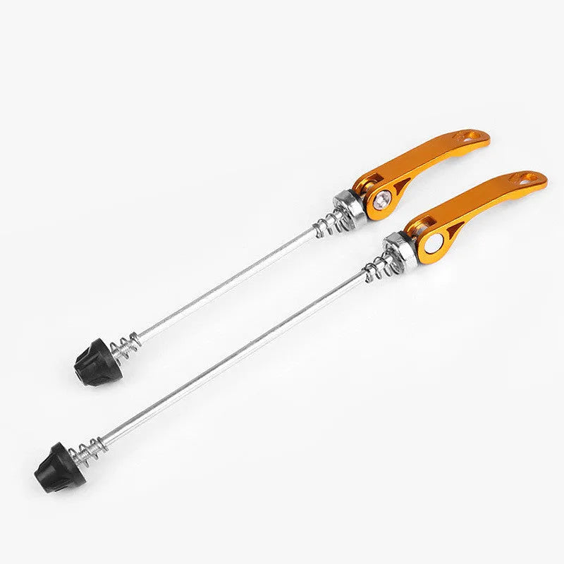 Bicycle quick release lever in multiple colours with galvanised iron rod and aluminium alloy handle.