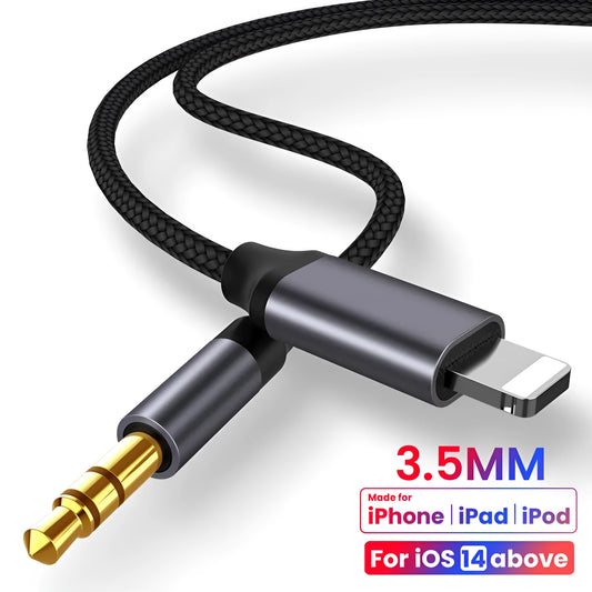 Silver nylon-braided 3.5mm male-to-male car auxiliary audio cable on a dark background.