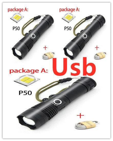 High-Powered Tactical Flashlight with Zoom and USB Charging - Durable, Waterproof, and Rechargeable LED Flashlight