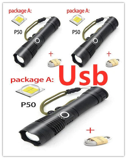 High-Powered Tactical Flashlight with Zoom and USB Charging - Durable, Waterproof, and Rechargeable LED Flashlight