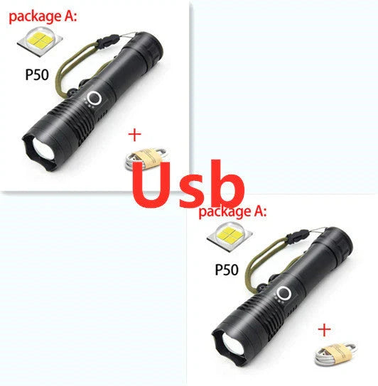 High-Powered Tactical Flashlight with Zoom and USB Charging - Durable, Waterproof, and Rechargeable LED Flashlight