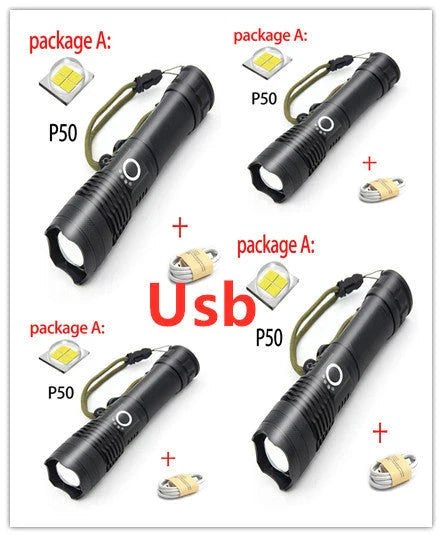 High-Powered Tactical Flashlight with Zoom and USB Charging - Durable, Waterproof, and Rechargeable LED Flashlight