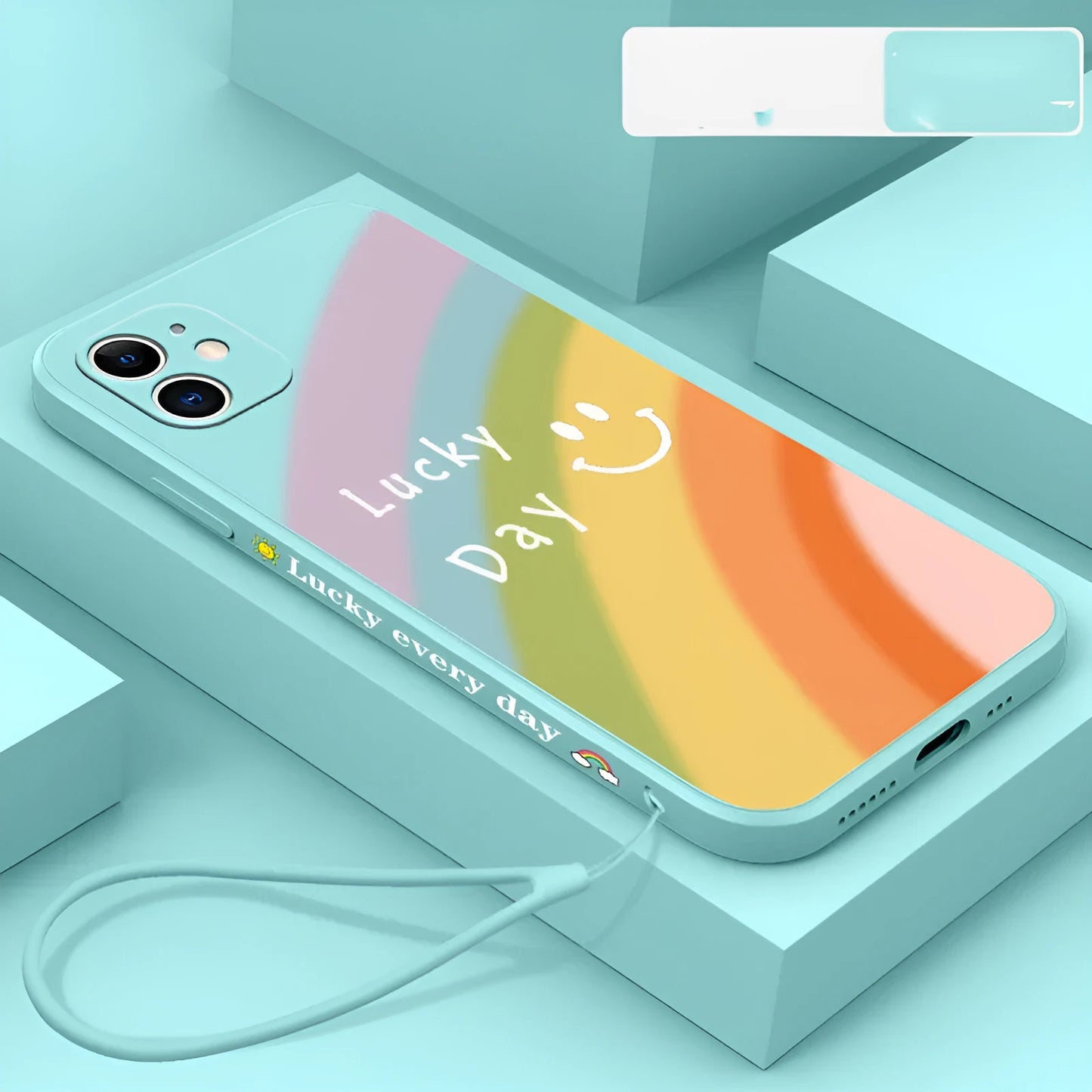 Rainbow smiley face silicone phone case for iPhone with blue, green, purple and red colour options