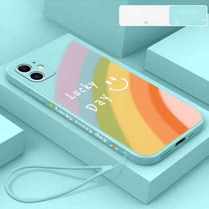 Rainbow smiley face silicone phone case for iPhone with blue, green, purple and red colour options
