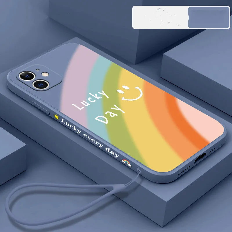 Rainbow smiley face silicone phone case for iPhone with blue, green, purple and red colour options