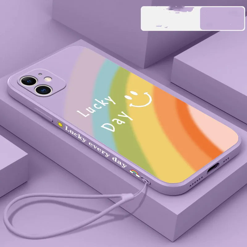 Rainbow smiley face silicone phone case for iPhone with blue, green, purple and red colour options