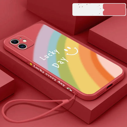 Rainbow smiley face silicone phone case for iPhone with blue, green, purple and red colour options