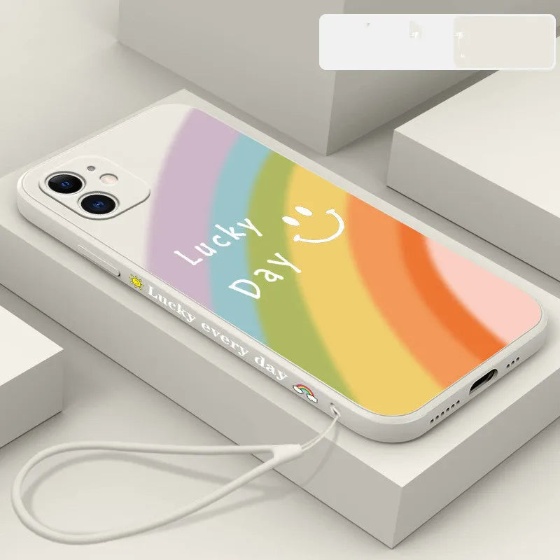 Rainbow smiley face silicone phone case for iPhone with blue, green, purple and red colour options