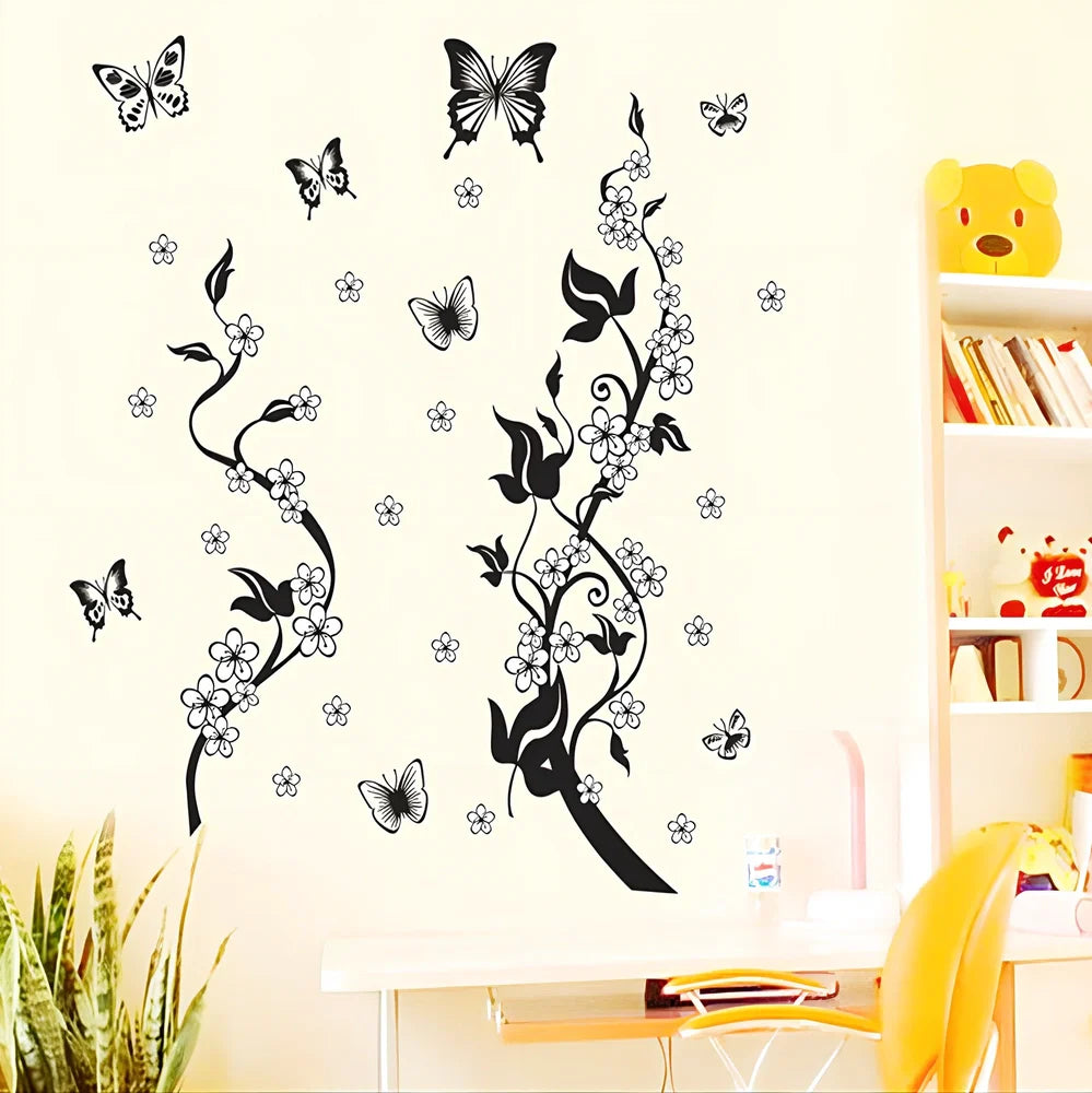 Butterfly flower pattern PVC wall sticker measuring 50x70cm with adhesive backing