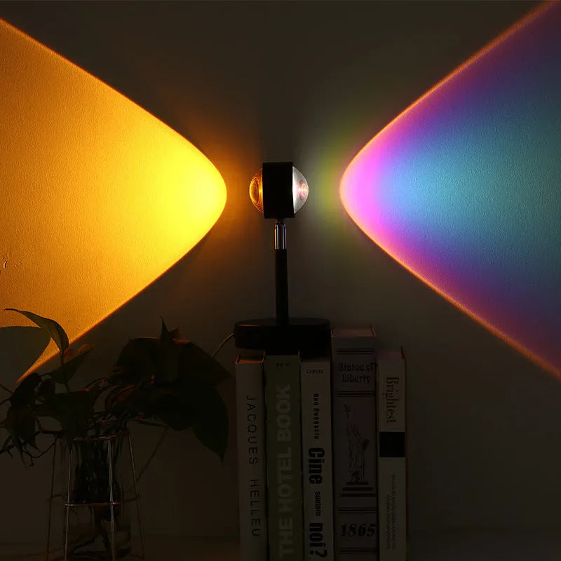 USB dual-head sunset rainbow projection lamp bedroom ambient night light, modern simple style touch switch with 6W LED light source and 1 style 4 colour sunset effect, plug-in power supply for table or bedside use in black colour