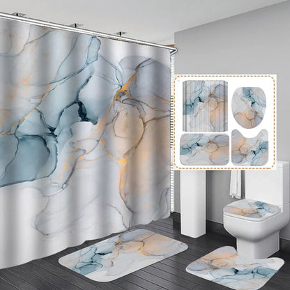 Modern green polyester shower curtain set with anti-slip 45x75cm bath mat and water-absorbing rugs for bathroom safety