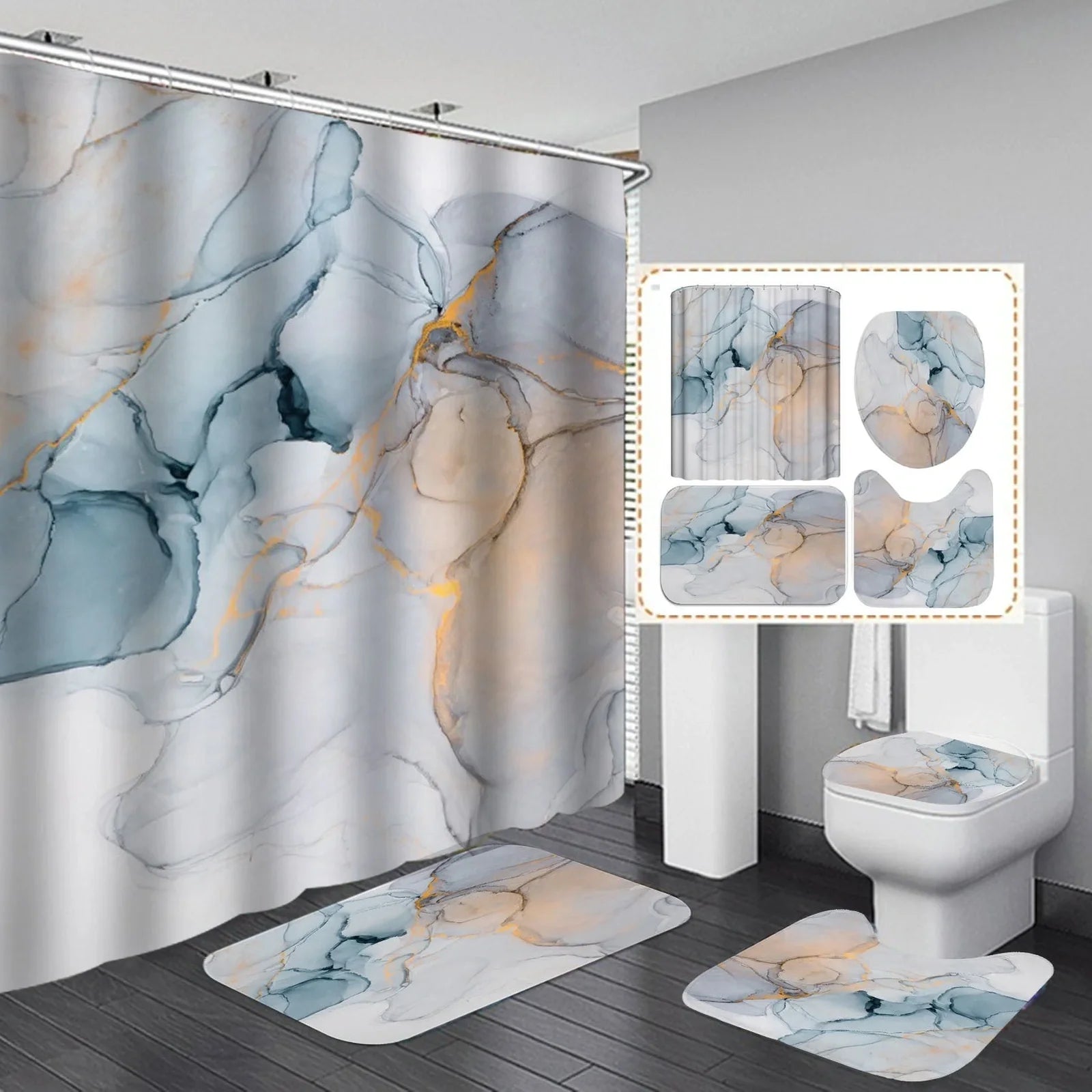 Modern green polyester shower curtain set with anti-slip 45x75cm bath mat and water-absorbing rugs for bathroom safety