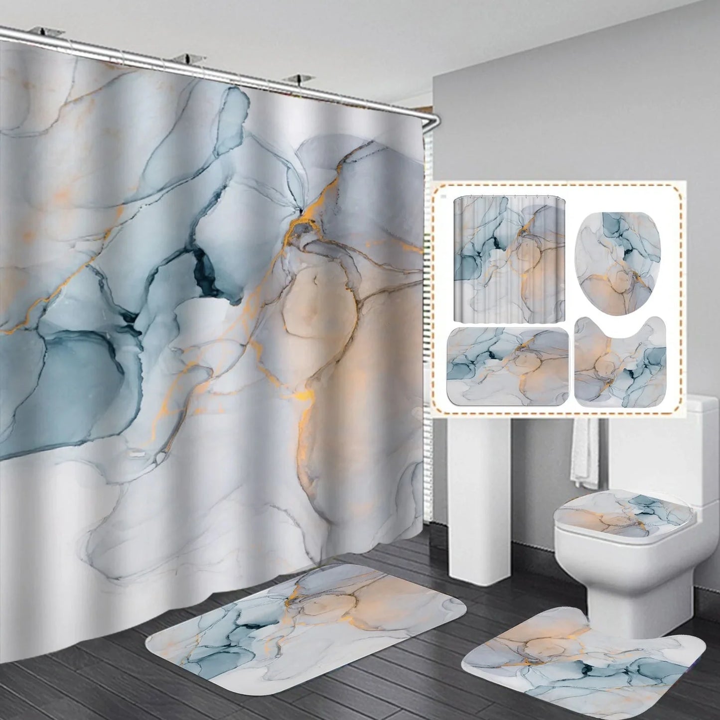 Modern green polyester shower curtain set with anti-slip 45x75cm bath mat and water-absorbing rugs for bathroom safety