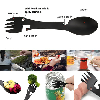 Silver stainless steel camping multitool with fork, spoon, serrated cutter, can opener, bottle opener, and keychain hole