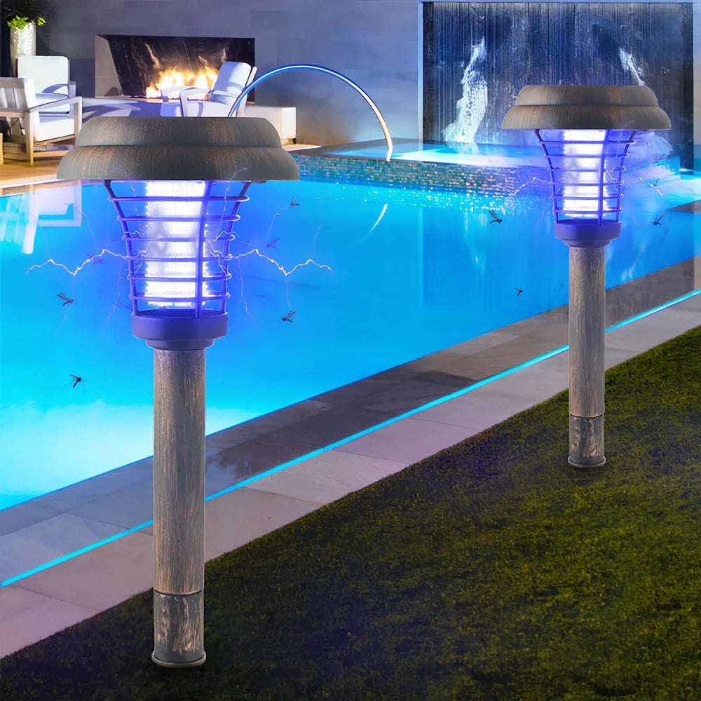 Bronze solar round mosquito killer lamp, 140mm x 140mm x 425mm, with purple LED and IP65 rating for garden pest control