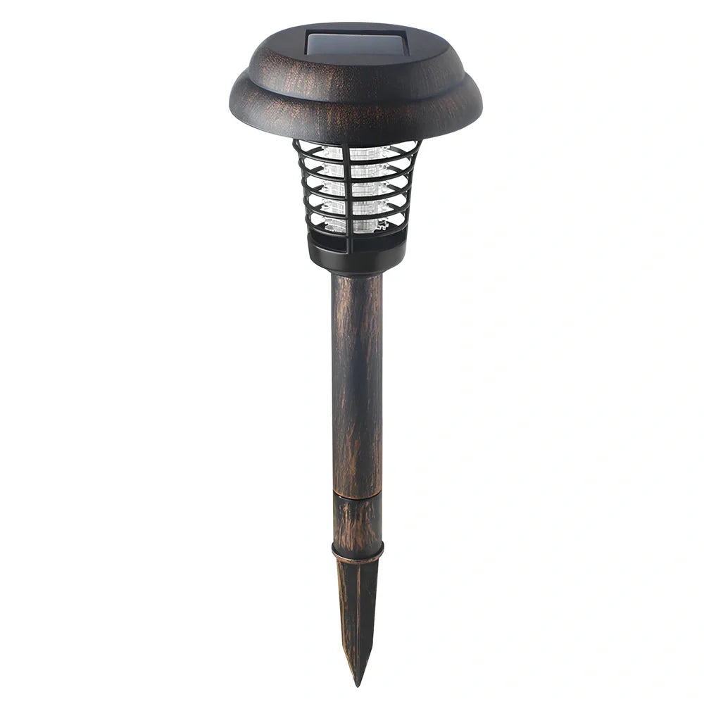 Bronze solar round mosquito killer lamp, 140mm x 140mm x 425mm, with purple LED and IP65 rating for garden pest control