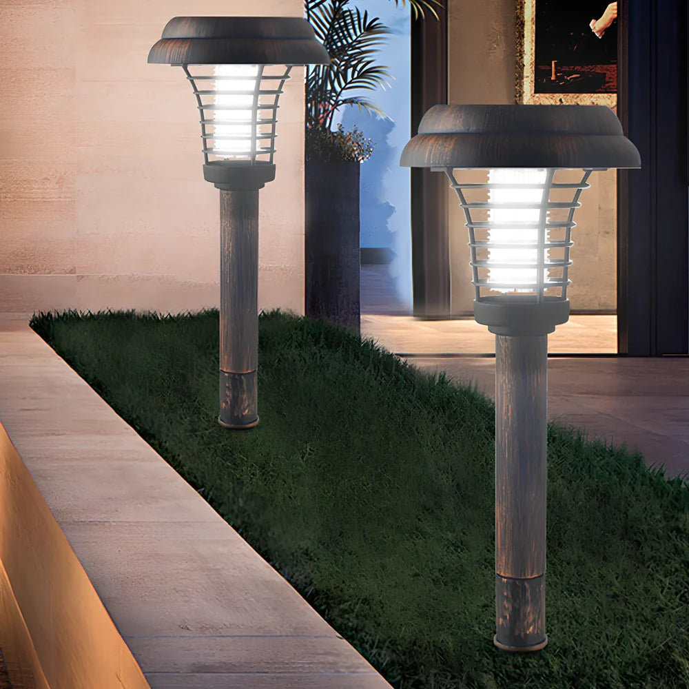 Bronze solar round mosquito killer lamp, 140mm x 140mm x 425mm, with purple LED and IP65 rating for garden pest control