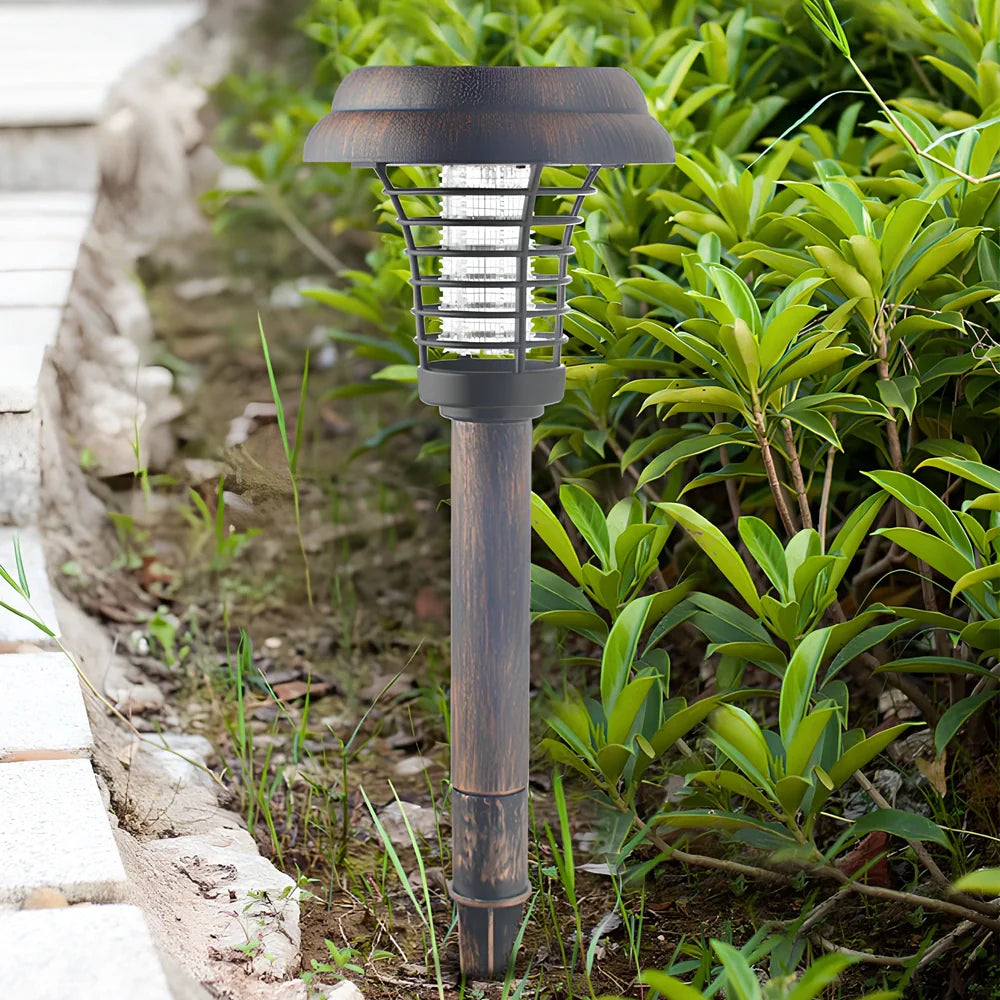 Bronze solar round mosquito killer lamp, 140mm x 140mm x 425mm, with purple LED and IP65 rating for garden pest control