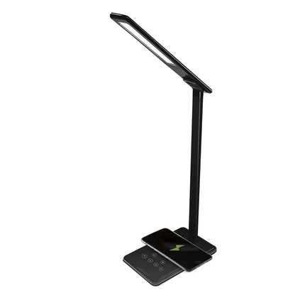Black wireless charging desk lamp with aluminum shade and touch controls